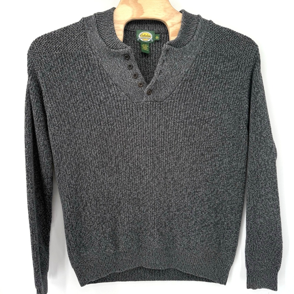 Cabela's Henley Sweater Mens XL Grey Cotton Shaker Knit Button Neck Pullover